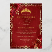 Royal Red Sparkle Gold Roos Quinceanera Folie Uitnodiging (Voorkant)