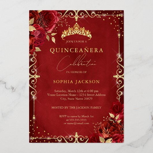 Royal Red Sparkle Gold Roos Quinceanera Folie Uitnodiging (Voorkant)