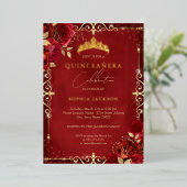 Royal Red Sparkle Gold Roos Quinceanera Folie Uitnodiging (Staand Voorkant)