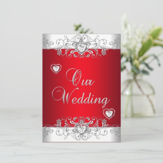 Royal Red Wedding Silver Diamond Hearts Kaart (Staand voorkant)