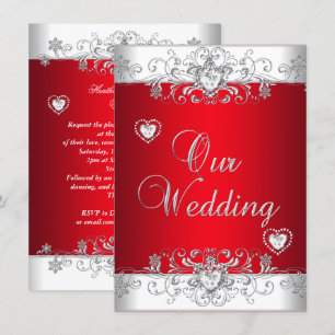 Royal Red Wedding Silver Diamond Hearts Kaart