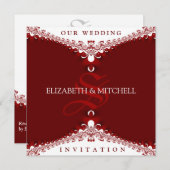 Royal Red+White Lace Monogram Wedding Invitations Kaart (Voorkant / Achterkant)