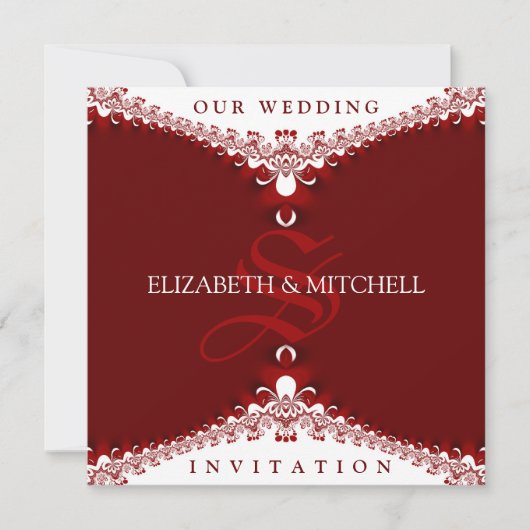 Royal Red+White Lace Monogram Wedding Invitations Kaart (Voorkant)