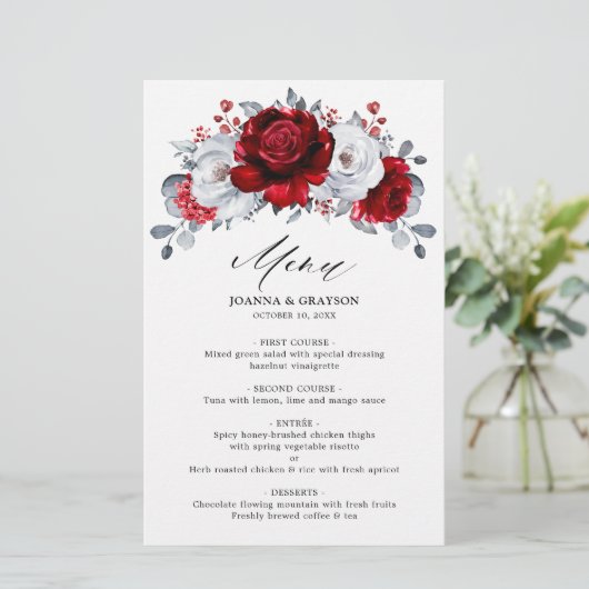 Royal Red White Silver Metallic Floral Wedding (Staand voorkant)
