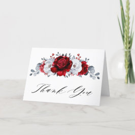 Royal Red White Silver Metallic Floral Wedding Bedankkaart