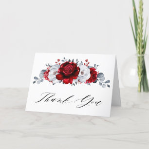 Royal Red White Silver Metallic Floral Wedding Bedankkaart