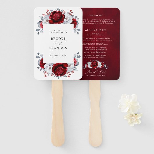 Royal Red White Silver Metallic Floral Wedding Handwaaier (Voorkant en achterkant)