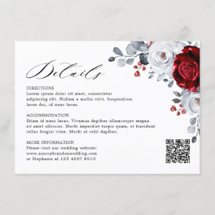 Royal Red White Silver Metallic Floral Wedding Informatiekaartje