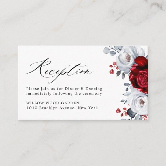 Royal Red White Silver Metallic Floral Wedding Informatiekaartje (Voorkant)