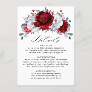 Royal Red White Silver Metallic Floral Wedding Informatiekaartje