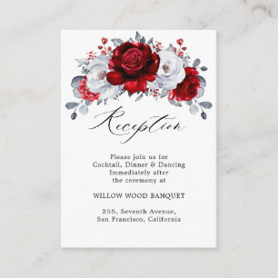 Royal Red White Silver Metallic Floral Wedding Informatiekaartje