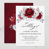 Royal Red White Silver Metallic Floral Wedding Kaart (Voorkant / Achterkant)