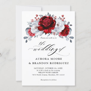 Royal Red White Silver Metallic Floral Wedding Kaart