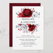 Royal Red White Silver Metallic Floral Wedding Kaart (Voorkant / Achterkant)