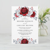 Royal Red White Silver Metallic Floral Wedding Kaart (Staand voorkant)