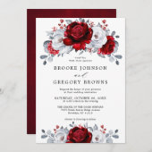 Royal Red White Silver Metallic Floral Wedding Kaart (Voorkant / Achterkant)