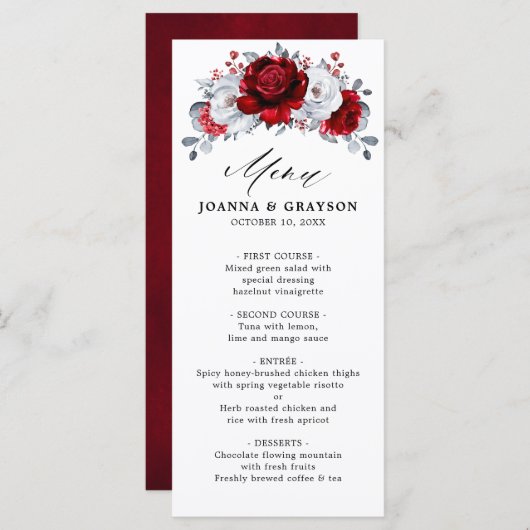 Royal Red White Silver Metallic Floral Wedding Menu (Voorkant / Achterkant)