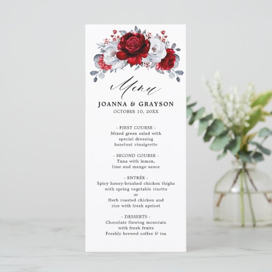 Royal Red White Silver Metallic Floral Wedding Menu (Staand voorkant)