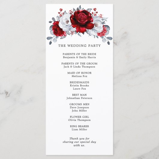 Royal Red White Silver Metallic Floral Wedding Programmakaart (Achterkant)