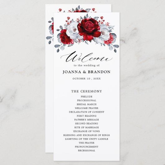 Royal Red White Silver Metallic Floral Wedding Programmakaart (Voorkant / Achterkant)