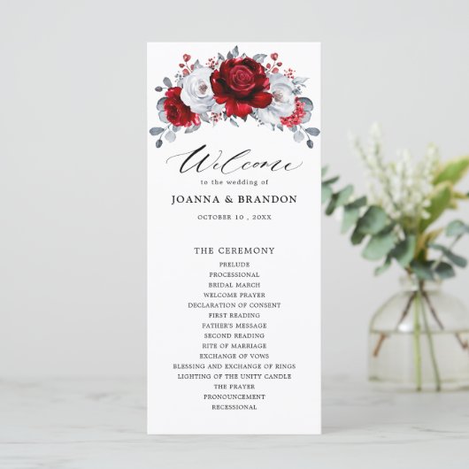Royal Red White Silver Metallic Floral Wedding Programmakaart (Staand voorkant)