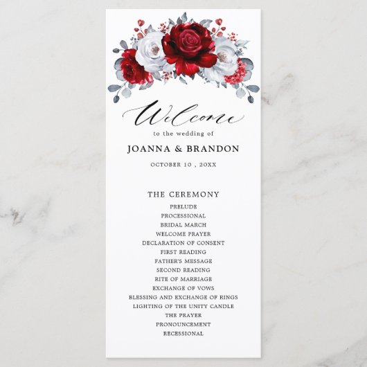 Royal Red White Silver Metallic Floral Wedding Programmakaart (Voorkant)