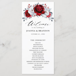 Royal Red White Silver Metallic Floral Wedding Programmakaart