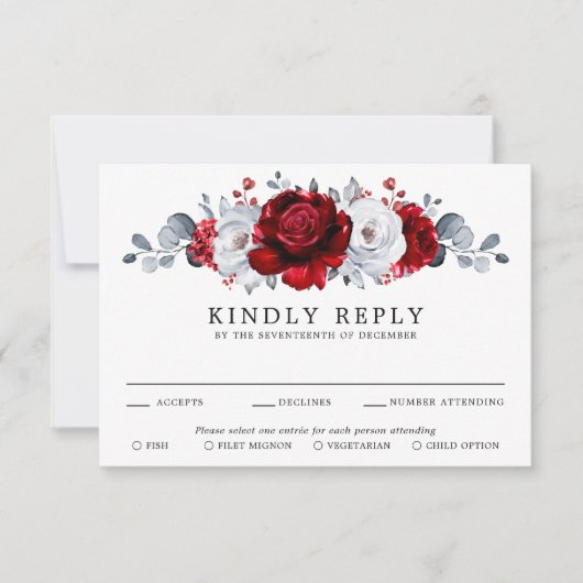 Royal Red White Silver Metallic Floral Wedding RSVP Kaartje (Voorkant)