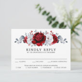Royal Red White Silver Metallic Floral Wedding RSVP Kaartje (Staand voorkant)