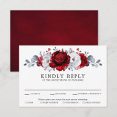 Royal Red White Silver Metallic Floral Wedding RSVP Kaartje (Voorkant / Achterkant)