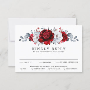 Royal Red White Silver Metallic Floral Wedding RSVP Kaartje
