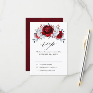 Royal Red White Silver Metallic Floral Wedding RSVP Kaartje