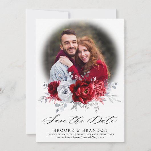 Royal Red White Silver Metallic Floral Wedding Save The Date (Voorkant)