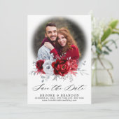 Royal Red White Silver Metallic Floral Wedding Save The Date (Staand voorkant)