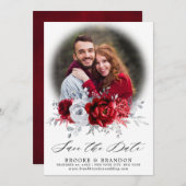 Royal Red White Silver Metallic Floral Wedding Save The Date (Voorkant / Achterkant)