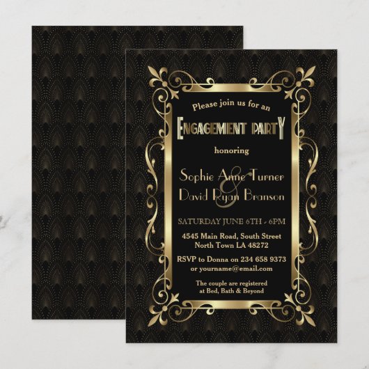 Royal Roaring 20s Gold Art Deco Engagement Party Kaart (Voorkant / Achterkant)