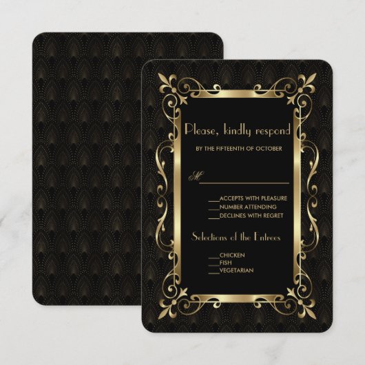 Royal Roaring 20s Gold Art Deco Wedding RSVP Kaartje (Voorkant / Achterkant)