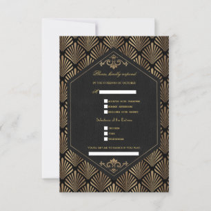 Royal Roaring 20's Gold Black Great Gatsby Wedding RSVP Kaartje