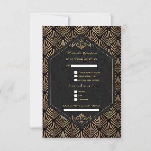 Royal Roaring 20's Gold Black Great Gatsby Wedding RSVP Kaartje (Voorkant)