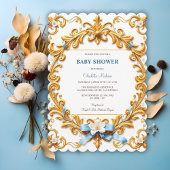 Royal Rococo Blue Gold Floral Boy Baby shower Kaart