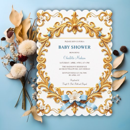 Royal Rococo Blue Gold Floral Boy Baby shower Kaart