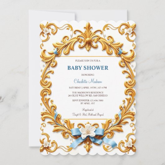 Royal Rococo Blue Gold Floral Boy Baby shower Kaart (Voorkant)
