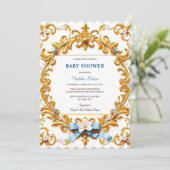 Royal Rococo Blue Gold Floral Boy Baby shower Kaart (Staand voorkant)