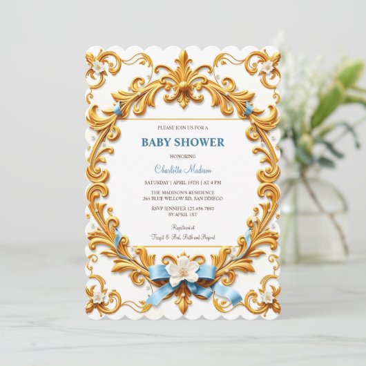 Royal Rococo Blue Gold Floral Boy Baby shower Kaart (Staand voorkant)