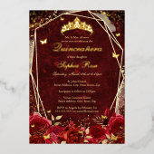 Royal rood goud bloemenvlinder tiara quinceanera folie uitnodiging (Voorkant)