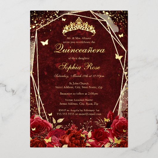 Royal rood goud bloemenvlinder tiara quinceanera folie uitnodiging (Voorkant)