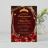 Royal rood goud bloemenvlinder tiara quinceanera folie uitnodiging (Staand Voorkant)