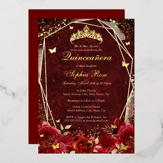 Royal rood goud bloemenvlinder tiara quinceanera folie uitnodiging (Voorkant / Achterkant)