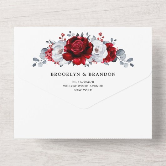 Royal Rood Wit Zilver Metallic Bloemen Bruiloft Al All In One Uitnodiging (Achterkant)