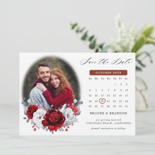 Royal Rood Wit Zilver Metallic Fotokalender Save The Date (Staand voorkant)